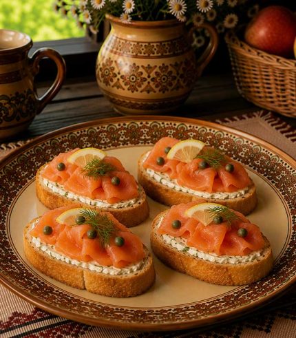 Savurează bruschetele cu somon, un aperitiv rafinat și gustos, pregătit pe pâine și completat cu unt și somon. Combinația delicată dintre pâinea crocantă, untul cremos și aroma somonului oferă un preparat potrivit pentru un aperitiv elegant sau o gustare savuroasă.