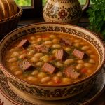 Savurează gustul bogat și reconfortant al ciorbei cu fasole și afumătură, un preparat consistent inspirat din bucătăria tradițională românească. Combinația dintre fasole și aroma intensă a afumăturii oferă o ciorbă sățioasă, potrivită pentru o masă gustoasă și plină de savoare.