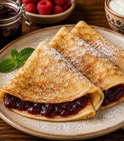 Savurează clătitele cu dulceață, un desert clasic și îndrăgit, pregătit pentru iubitorii gusturilor simple și autentice. Clătitele fine și rumenite sunt completate cu dulceață aromată, pentru o combinație plăcută de texturi și savoare.
