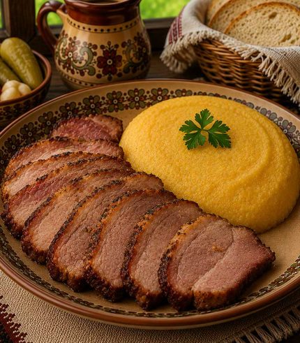 Savurează pastrama de porc cu mămăligă, un preparat tradițional și consistent, potrivit pentru iubitorii gusturilor autentice românești. Pastrama de porc este servită alături de mămăligă, într-o combinație simplă și savuroasă, perfectă pentru o masă copioasă.