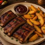 Savurează Platoul cu coaste de porc și cartofi wedges, o alegere delicioasă pentru iubitorii preparatelor consistente și a cărnii bine rumenite. Coastele de porc, fragede și savuroase, sunt acompaniate de cartofi wedges rumeniți, pentru o combinație perfectă de texturi și arome.