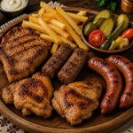 Savurează Platoul Mix Grill, alegerea perfectă pentru iubitorii preparatelor la grătar. Un platou variat și consistent, care reunește ceafă de porc, pulpe dezosate de pui, cârnați și mici, acompaniate de cartofi pai și murături.