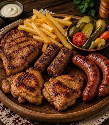 Savurează Platoul Mix Grill, alegerea perfectă pentru iubitorii preparatelor la grătar. Un platou variat și consistent, care reunește ceafă de porc, pulpe dezosate de pui, cârnați și mici, acompaniate de cartofi pai și murături.