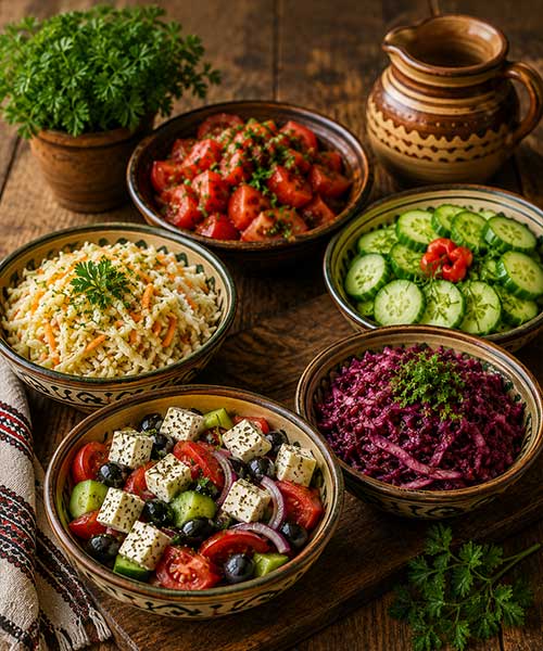 Salate proaspete, pregătite zilnic din ingrediente de calitate, perfecte ca aperitiv sau alături de preparatele tradiționale ale Hanului La Barieră.