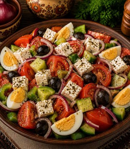 Savurează salata bulgărească, o combinație proaspătă și gustoasă de legume, potrivită pentru o masă ușoară și echilibrată. Roșiile, castraveții, ardeiul și ceapa se îmbină armonios cu brânza și măslinele, pentru un preparat plin de prospețime și savoare.