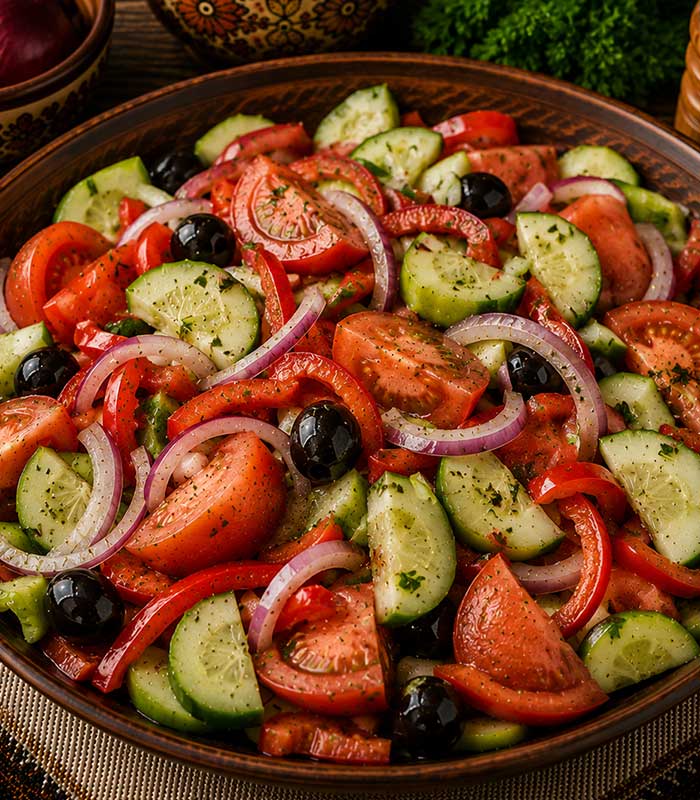 salata-romaneasca Savurează salata românească, o combinație proaspătă și gustoasă de legume, inspirată din bucătăria tradițională. Roșiile, castraveții, ceapa roșie și ardeiul se îmbină armonios pentru un preparat simplu, aromat și plin de prospețime.