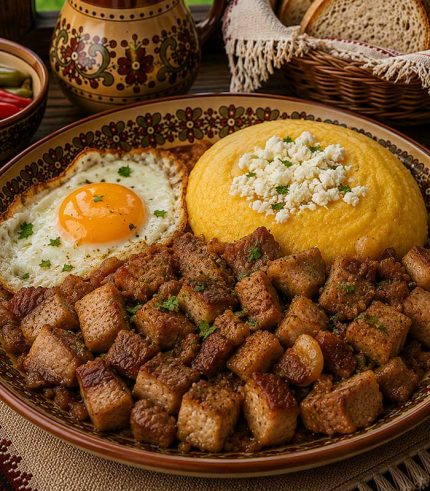 Savurează Tochitura dobrogeană, un preparat consistent și plin de savoare, inspirat din bucătăria tradițională românească. Combinația de carne de porc, carne de pui și cârnăciori, acompaniată de sos, mămăligă și ou, oferă o masă bogată și reconfortantă.